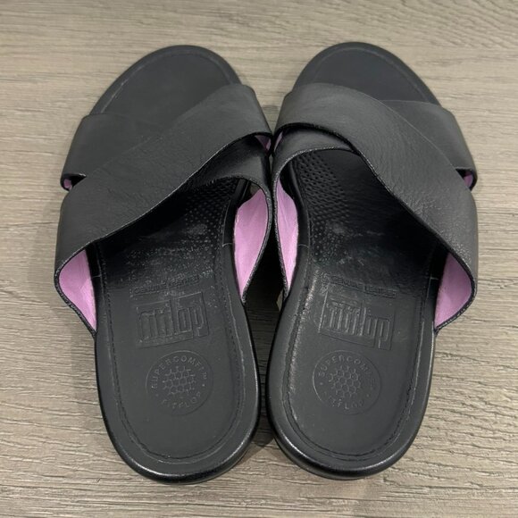 FITFLOP Women's Black Leather Criss Cross Slide Sandals - Size 6 - Picture 5 of 8